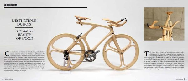 Une bonne vingtaine de pages de la publication sont consacrées aux recherches sur les matériaux, comme ce vélo en bois.